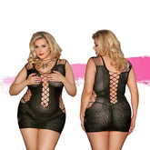 Ashella Lingerie Melina Queen Size Black Crochet Mesh Hollow-Out Mini Chemise Dress Bodystocking