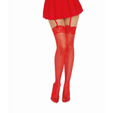 Dreamgirl Red Thigh High Fishnet Stockings with Lace Top Detail Red One Size Hosiery