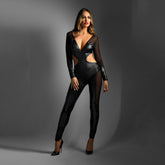 Edge Wetlook and Mesh Catsuit for Women S/M Black Lingerie & Sexy Apparel