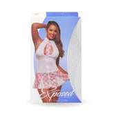 Exposed Lingerie Coed Cutie Plaid Halter Dress With Tie Necklace White Pink Black L/XL Dresses