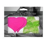 Glow Fashion Pasties Set with Neon Green Lace Stars and Neon Pink Satin Hearts - 2 Sets Included Coloured Pasties