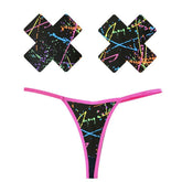 Graffiti Neon G-String and X Pastie Set for Festivals and Unique Style Black One Size Pasties