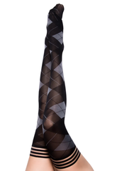Kixies Kimmie Size B Argyle Black and Gray Thigh-High Tights with No-Slip Grip, Fits Thigh Circumference Up to 25" and Height 5'5" to 6'0" Hosiery