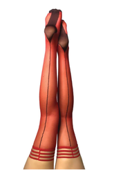 Kixies Monica Sheer Red Thigh-High Stockings Size A with Black Seam and Cuban Heel Hosiery