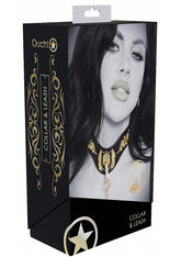 Ouch London Collection Collar with Leash Black PU Leather with Gold Embroidery and Iridescent Hardware > Bondage Gear > Collars