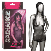 Radiance Hooded Deep V Bodysuit Black Sheer Mesh with Rhinestone Accents, One Size Bodystocking