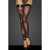 Tulle Stockings w Patterned Flock Embroidery & Power Wetlook Band Hosiery