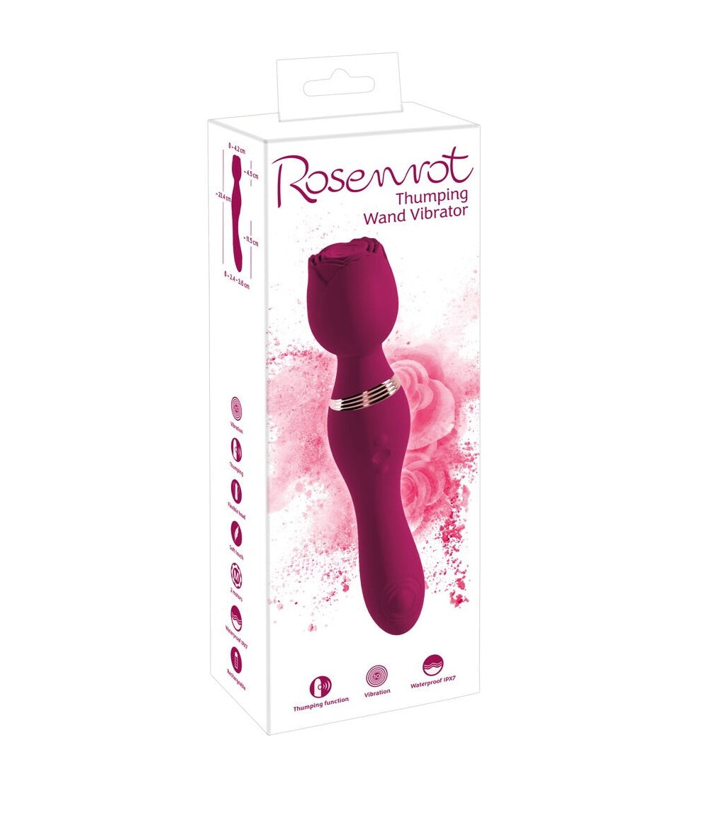 Rose Thumping Wand Vibrator in Deep Pink with 10 Thumping and Vibration Modes, Waterproof, 23.4 cm Length Default Title Electric Massager
