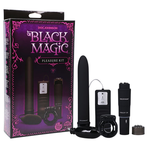 Black Magic Pleasure Kit With 7-Inch Velvet-Touch Vibe, Pocket Rocket, Bullet Vibe, and Vibrating C-Ring Black Cock Rings Vibrating