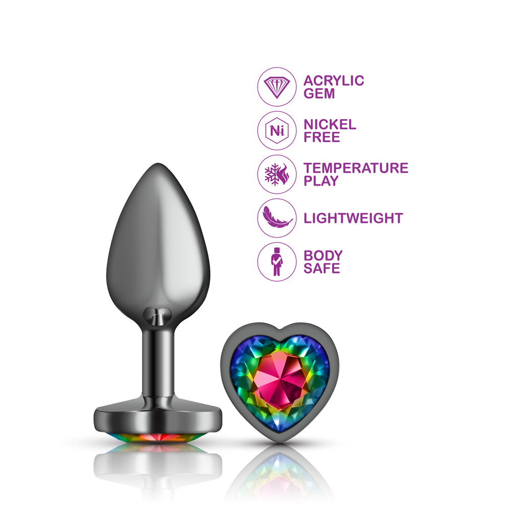 Cheeky Charms Gunmetal Butt Plug with Heart Rainbow Jewel Large > Anal Range > Jewel Butt Plugs