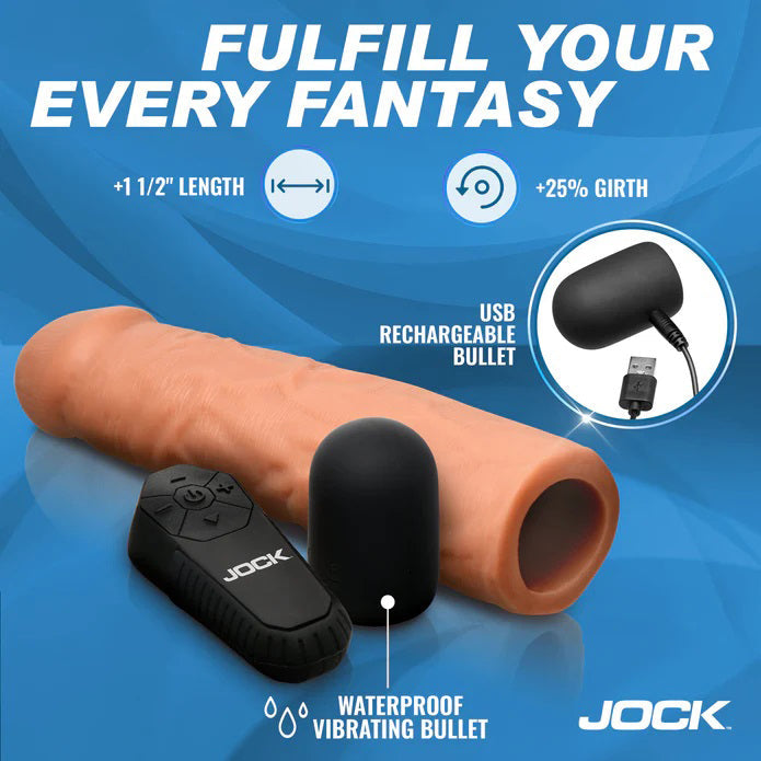 JOCK Enhancers 1.5 Inch Vibrating Penis Extension with Remote - Light, Medium or Dark > Sex Toys For Men > Penis Sleeves