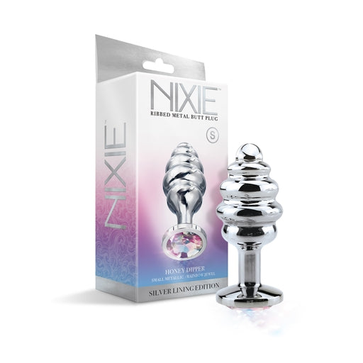 Nixie Ribbed Metal Butt Plug Honey Dipper Small Silver Lining Edition with Rainbow Jewel Base Default Title > Anal Range > Jewel Butt Plugs