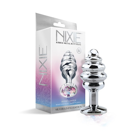 Nixie Ribbed Metal Butt Plug Honey Dipper Medium Silver with Rainbow Jewel Base Default Title > Anal Range > Jewel Butt Plugs