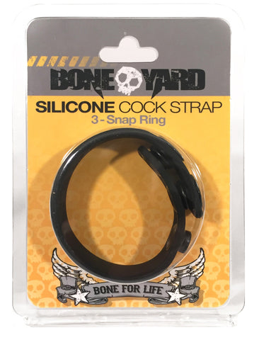 Boneyard Silicone Cock Strap - 3 Snap Ring - Black 8.25 Inch COCK RINGS Adjustable