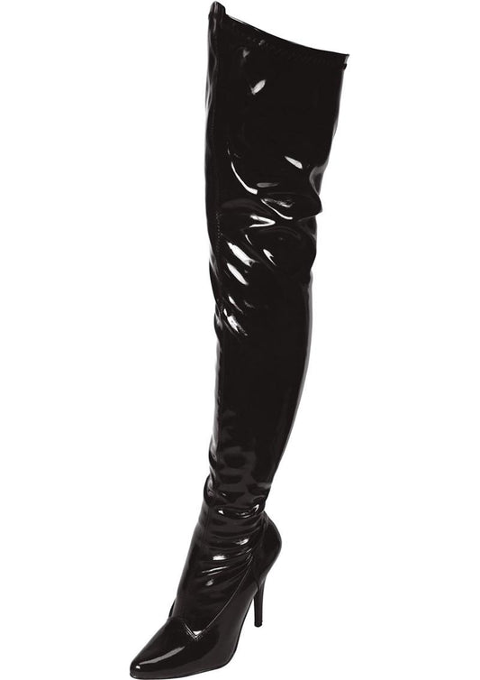 Black Pointed Toe Thigh High Boot 3in Heel