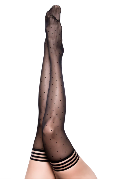 Kixies Ally Size D Black Polka Dot Thigh High Stockings with No Slip Grip, Fits Thigh Circumference up to 35” and Height 5’5”–6’0” Black Hosiery