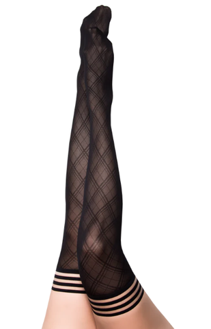 Kixies Tiffany Size D Black Semi-Sheer Diamond Pattern Thigh-High Stockings Default Title Hosiery