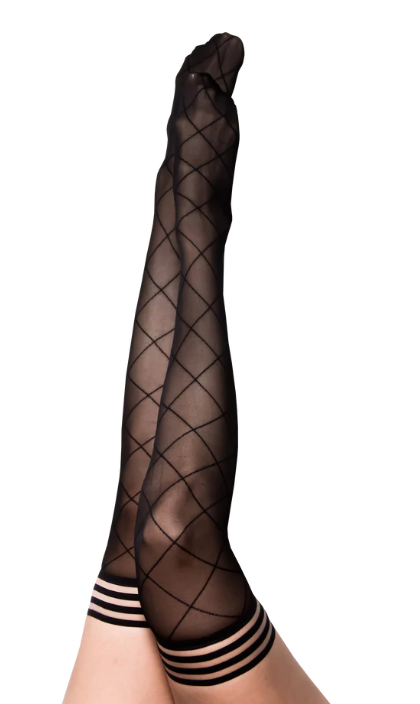 Kixies Anna Size B Thigh Highs with Sheer Diamond Pattern Black Hosiery