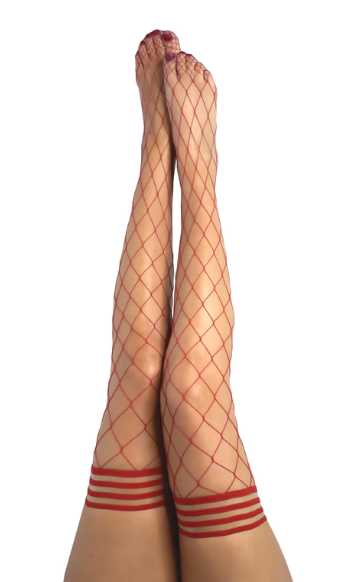 Kixies CLAUDIA Large Diamond Fishnet Thigh Highs - - Size B Red Hosiery