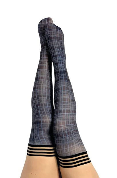 Kixies Debbie Navy Blue Plaid Thigh Highs Size D Default Title Hosiery