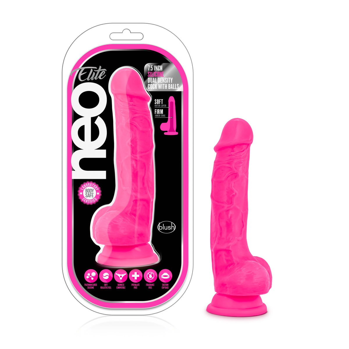 Neo Elite 7.5in Silicone Dual Density Cock with Balls Neon Pink