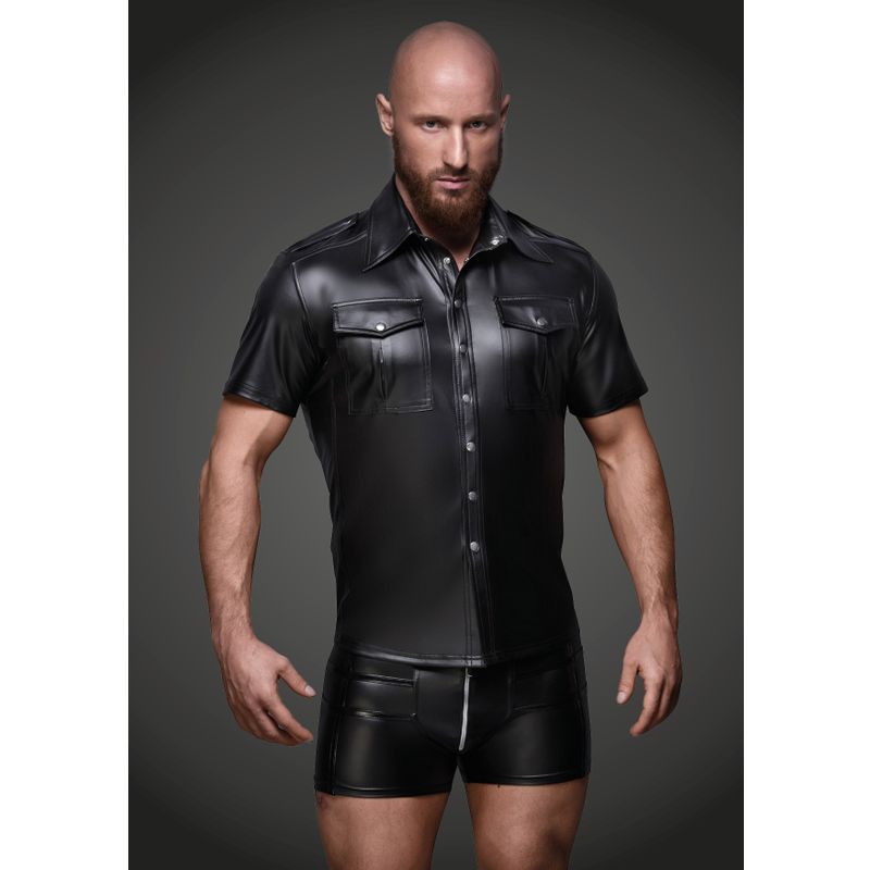 Black Wet Look Short Sleeve Shirt With Front Pockets Black Medium > Clothes > Mens Latex