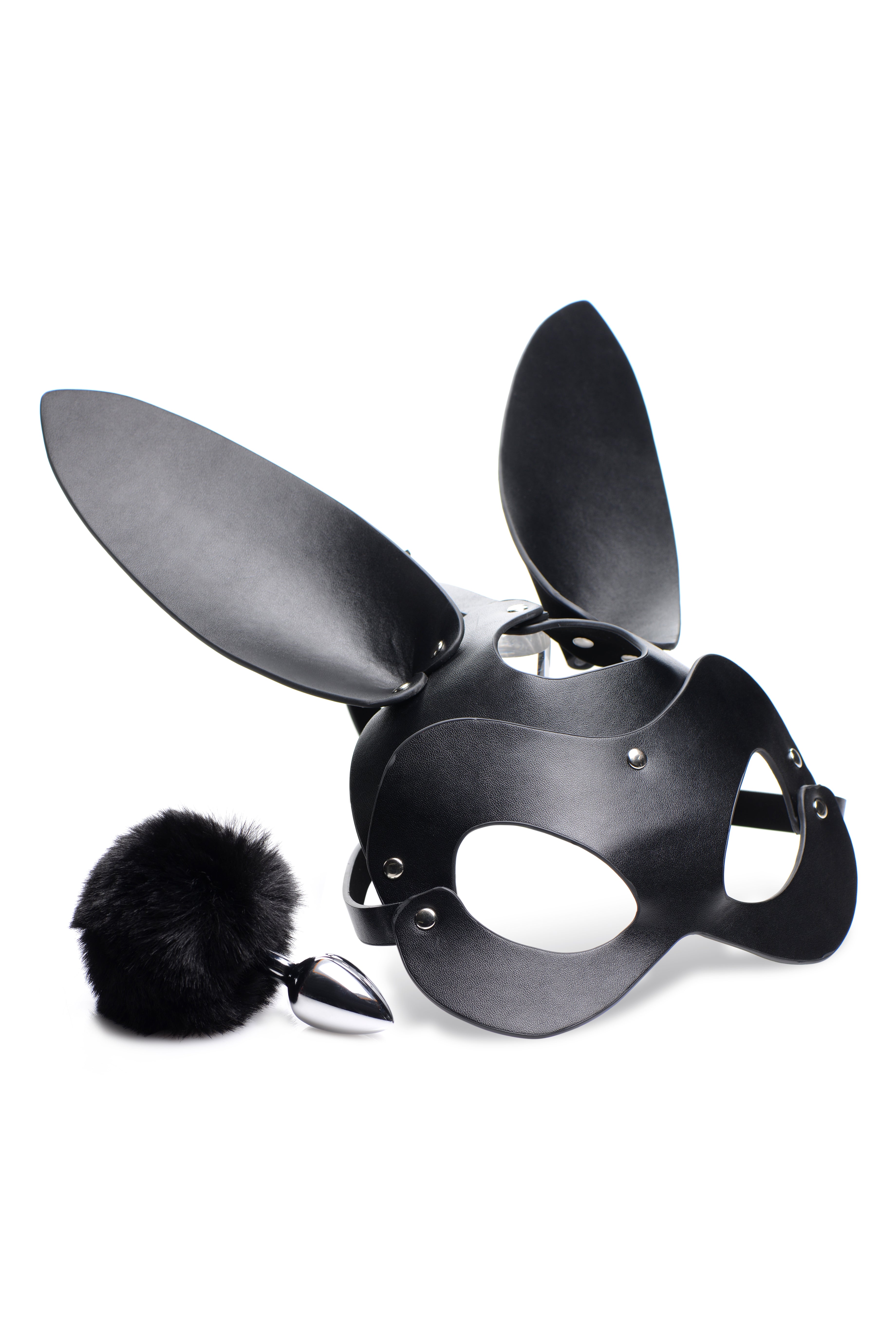 Bunny Tail Anal Plug and Mask Set for Playful Seduction and Intimate Moments Black Masks