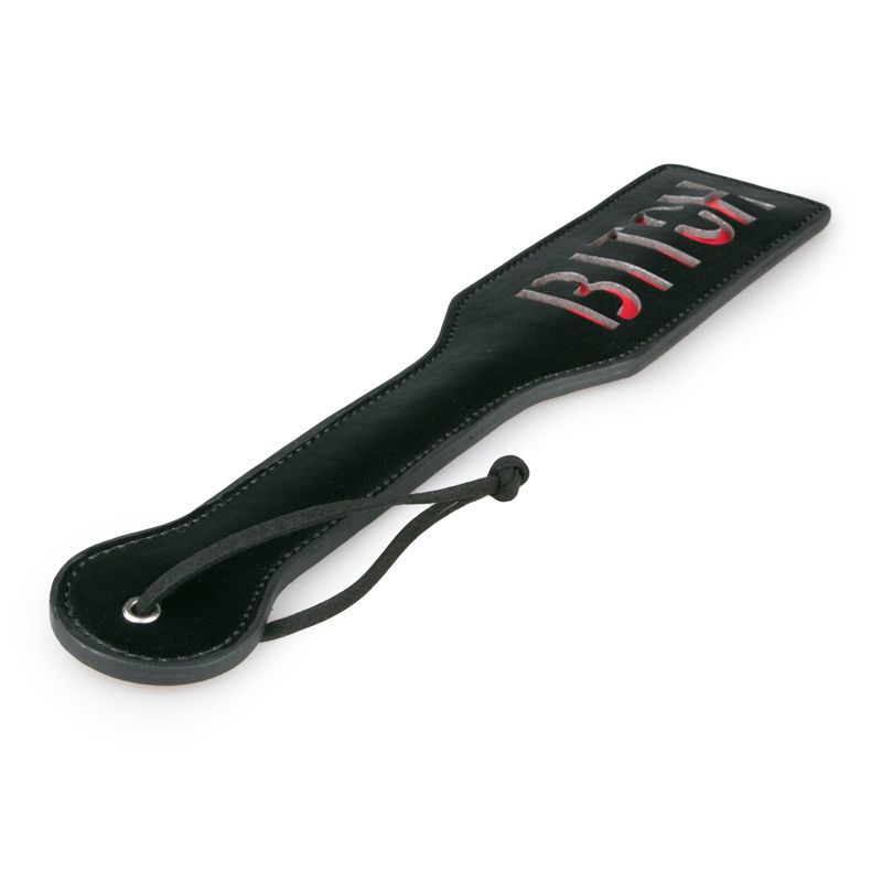 Vegan Leather Paddle - Black & Red - Imprints 'BITCH" > Bondage Gear > Paddles