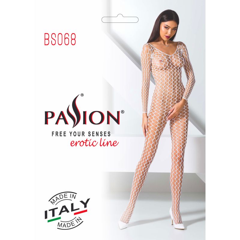 White Ribbed Mesh Bodystocking With Open Crotch And Rear Design Bodystocking