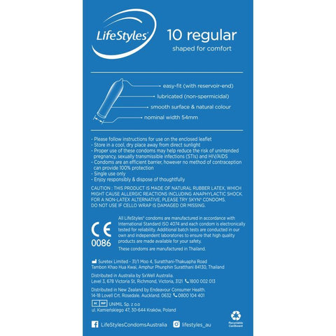 Lifestyles Regular Condoms Pack of 10 for Comfort and Pleasure Condoms