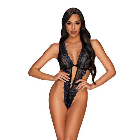 Belisis Teddy Bodysuit with Lace Detailing in Black and Blue Black Small Medium Lingerie