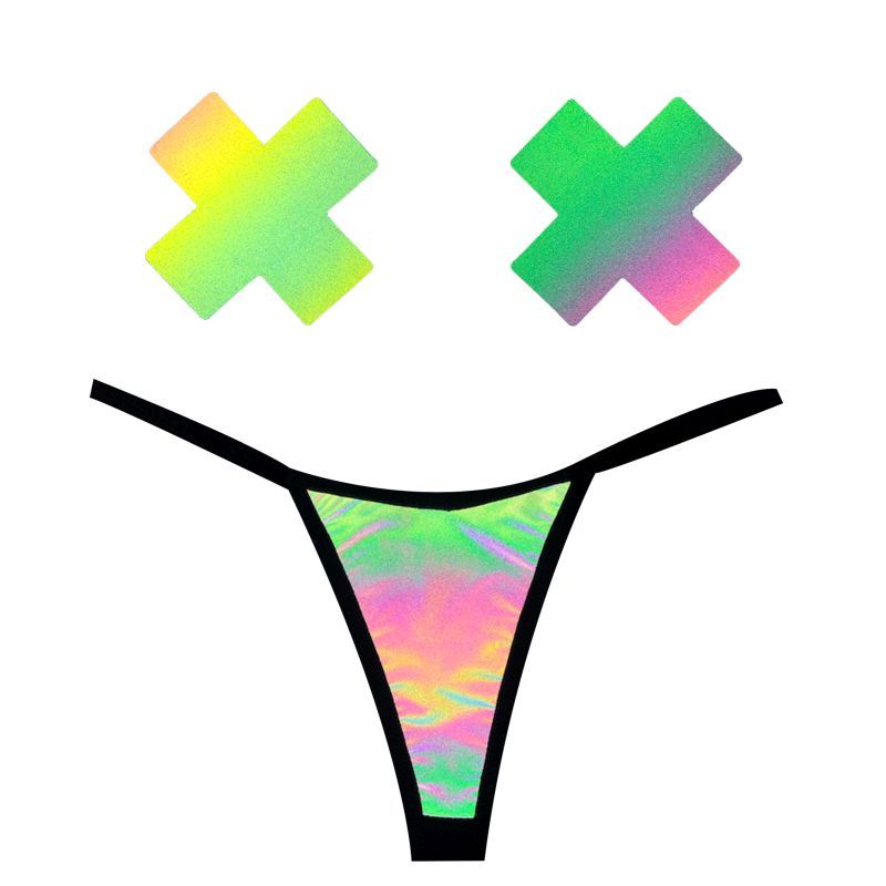 Rainbow Reflective G-String and X Pastie Set for Bold Festival Fashion Black One Size > Clothes > Pasties