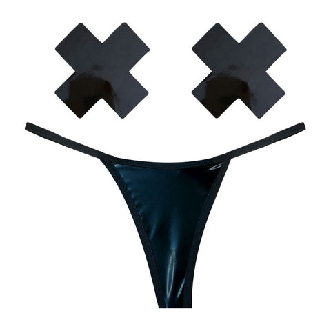 Dom Squad Black Wet Vinyl Pastie & G-String Set Black One Size Pasties