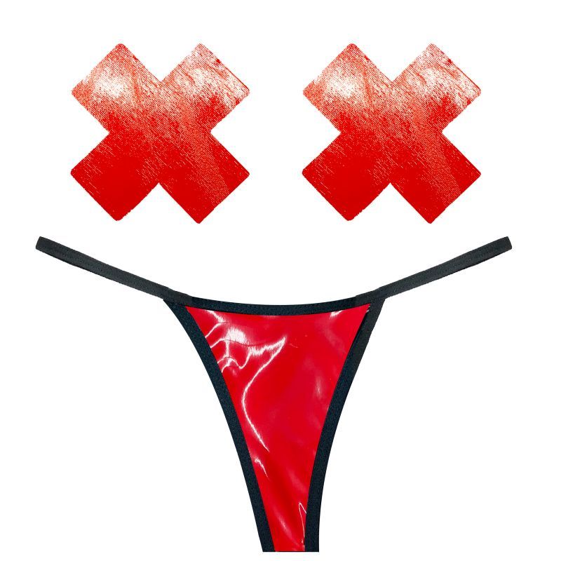 Vixen Red Wet Vinyl Pastie and G-String Set Red One Size > Clothes > Pasties