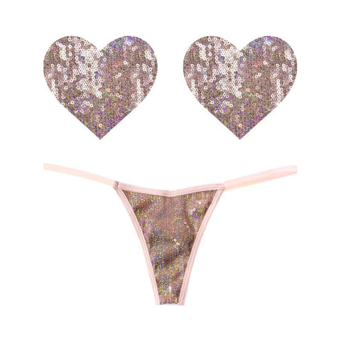 Bubbly Feels Nude Sequin Pantie and Heart Pastie Set for Adult Fun Nude One Size Pasties