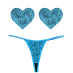 Mahi Mahi Blue Sequin G-String and Heart Pastie Set Blue One Size > Clothes > Pasties