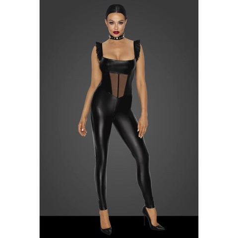 Power Wetlook Overall with Tulle Panel for Striking Style Womens Latex