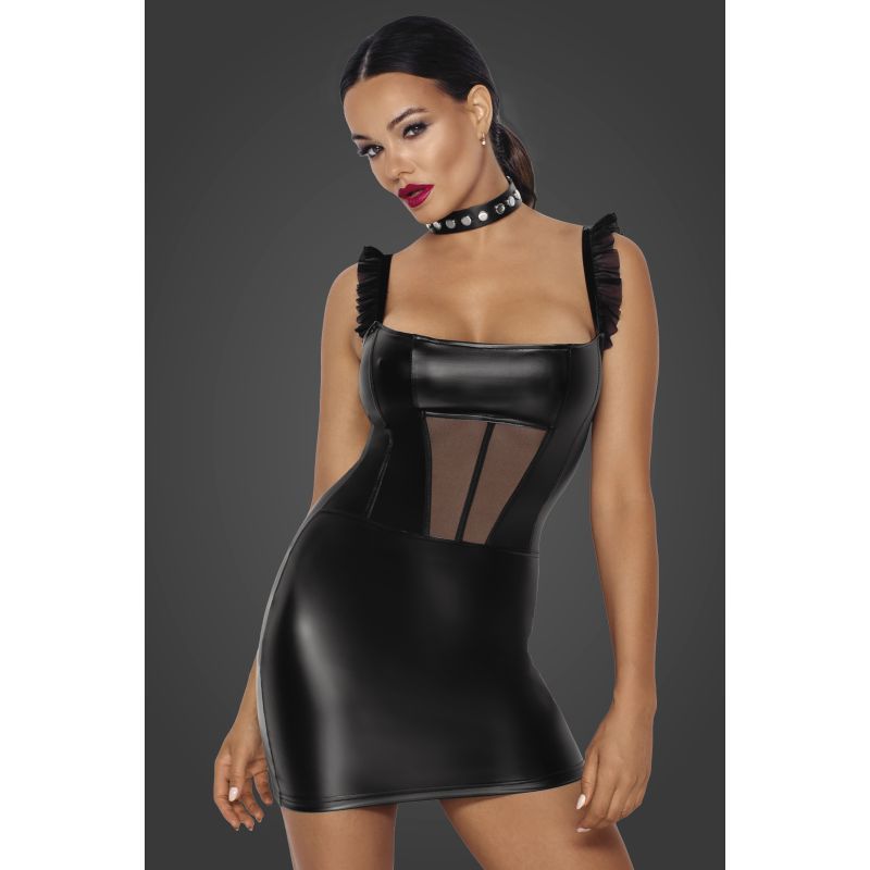 Noir Power Wetlook Short Dress with Front Tulle Inserts > Clothes > Womens Latex