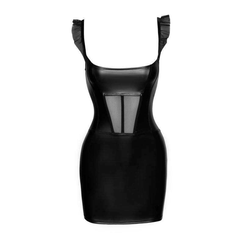 Noir Power Wetlook Short Dress with Front Tulle Inserts Womens Latex