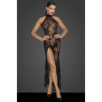 Long Tulle Dress with Intricate Flock Embroidery Floor-Length Halter Gown Black Medium > Clothes > Dresses and Chemises