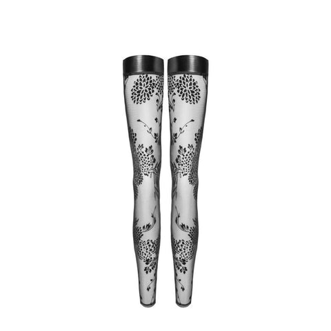 Tulle Stockings w Patterned Flock Embroidery & Power Wetlook Band > Clothes > Hosiery > Stockings