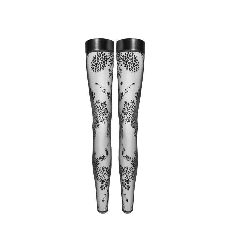 Tulle Stockings w Patterned Flock Embroidery & Power Wetlook Band Hosiery