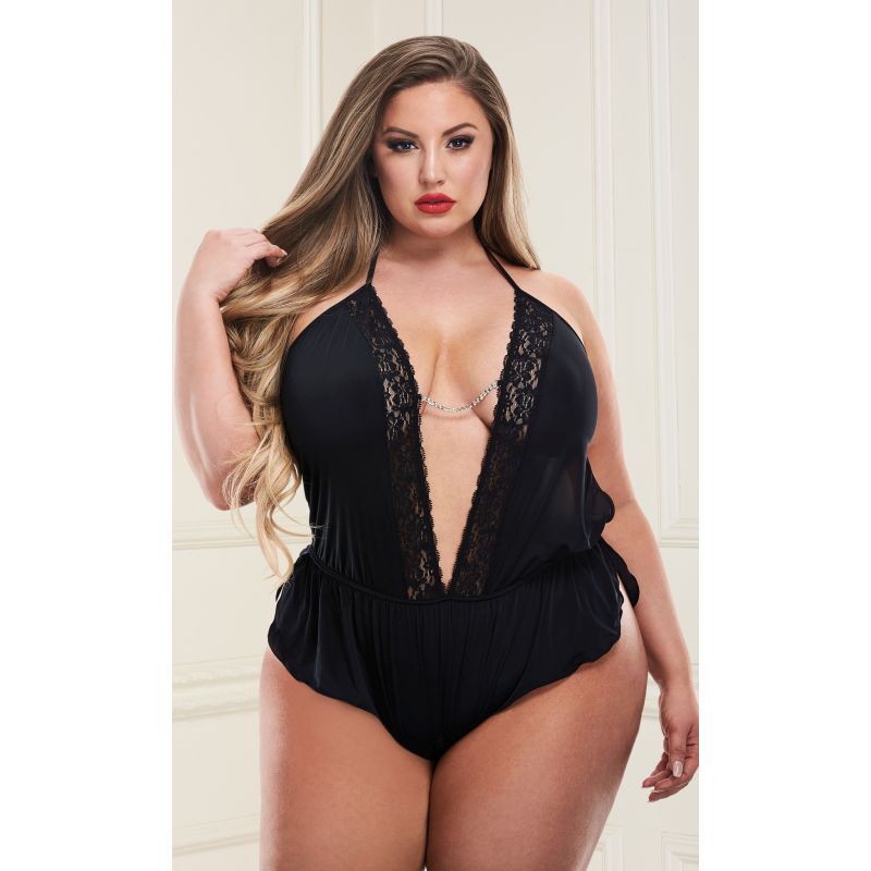 Baci Lingerie Sexy Satin Teddy With Lace And Chain Detail Teddies