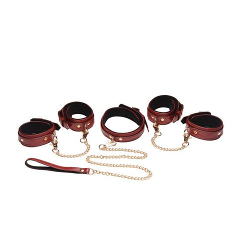 6 Pc Bondage Set Burgundy with Adjustable Cuffs