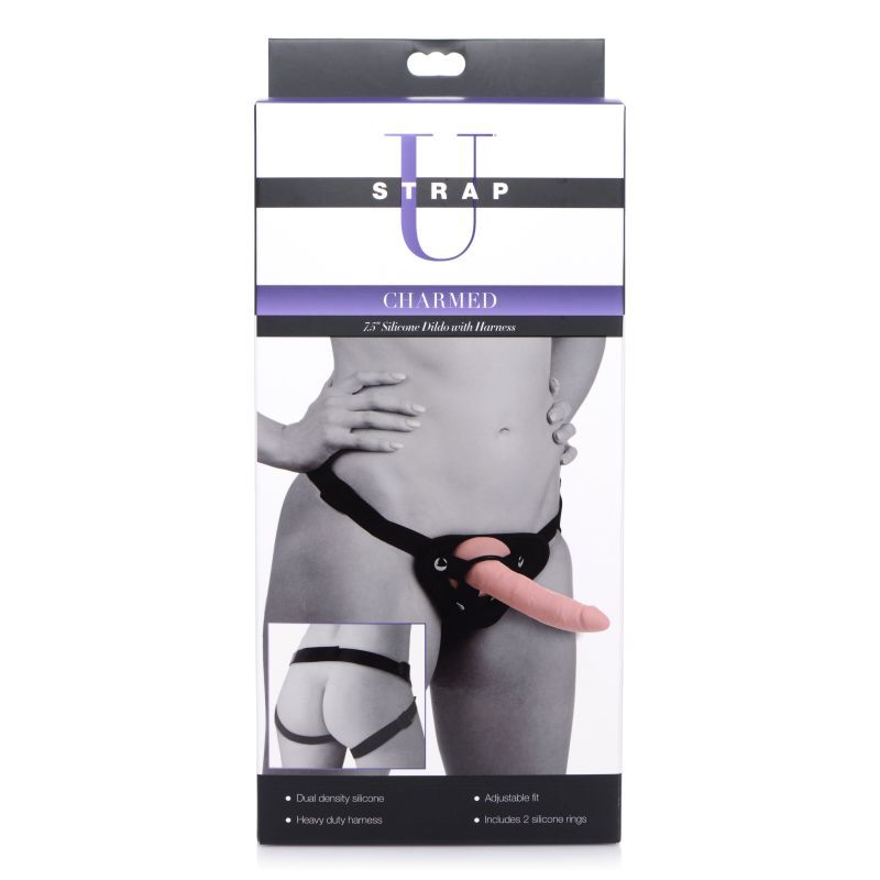 Charmed 7.5 Inch Silicone Dildo with Harness in Flesh Color STRAP-ONS