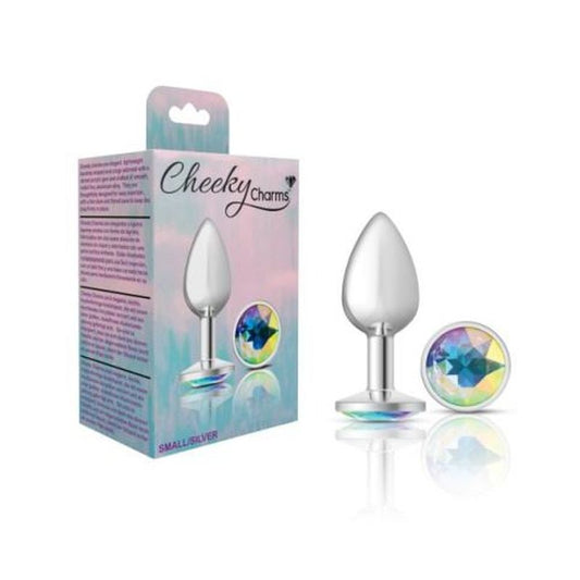 Cheeky Charms Silver Round Butt Plug w Clear Iridescent Jewel Small