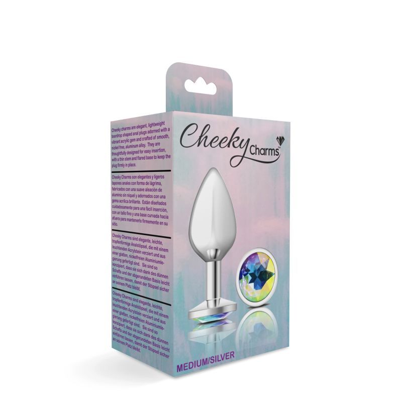 Cheeky Charms Silver Round Butt Plug with Clear Iridescent Jewel Large (9.12cm) > Anal Range > Jewel Butt Plugs