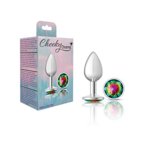Cheeky Charms Silver Round Butt Plug with Rainbow Jewel Small Butt Plugs