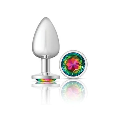 Cheeky Charms Silver Round Butt Plug with Rainbow Jewel Large Multi Butt Plugs