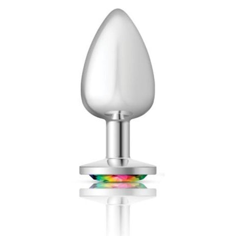 Cheeky Charms Silver Round Butt Plug with Rainbow Jewel Large Butt Plugs